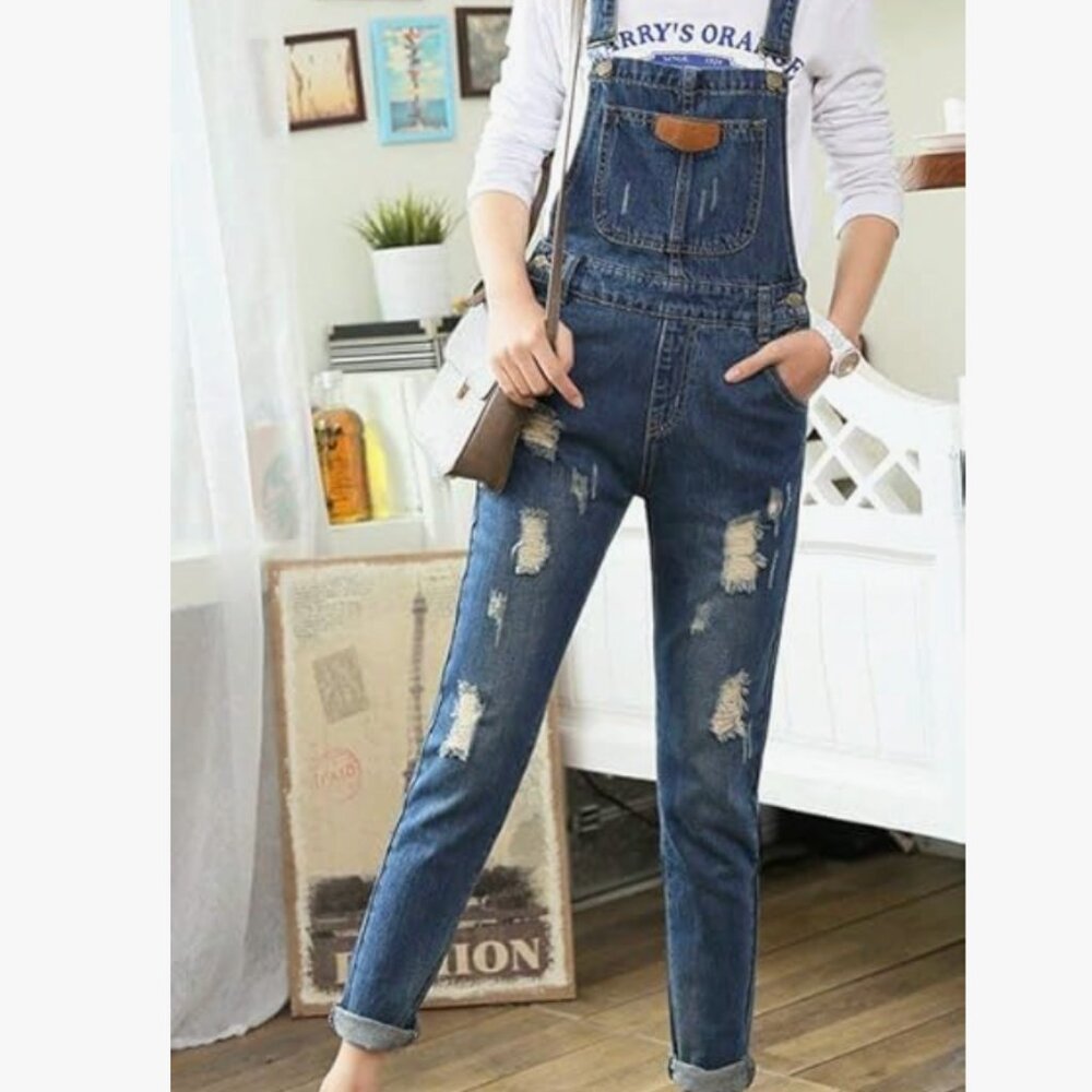 AVA COSTUME NWT Blue Denim Adjustable Straps Bib Ripped Overalls size medium